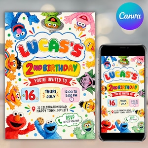 May include: A birthday invitation card featuring Sesame Street characters including Elmo, Cookie Monster, and Big Bird. The text reads: Lucas's 2nd Birthday, You're Invited To, 16 Thurs July, 12:00 to 5:00 PM, 22 Celebration Road, Happy Town, HP1 2TT, RSVP 07123 456789.