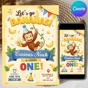 Puede incluir: Una tarjeta de invitación de cumpleaños y un teléfono inteligente con el mismo diseño. El gráfico muestra un mono marrón con un sombrero de fiesta azul, plátanos amarillos, banderines coloridos y el texto Let's go BANANAS! Curious Noah IS TURNING ONE!