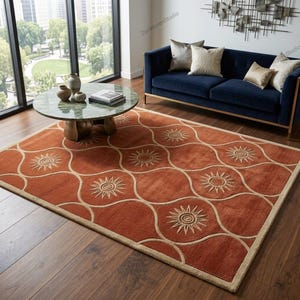 Rust Orange And Beige Hand Tufted Sun Pattern Geometric Rug For 8x10 Living Room 9x12 Bedroom Home Decor Rugs Runner & Round Sizes Available