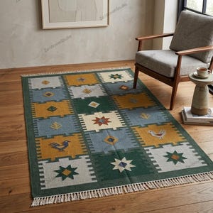 Green And Yellow Handwoven Geometric Patchwork Flatweave Scandinavian Cotton Kilim Rug For 6x9 Living Room 8x10 Bedroom Home Decor Rugs