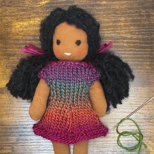 Handmade Waldorf Toddler Doll in Knit Dress | 8-inch Organic Cotton & Wool Filling image 1