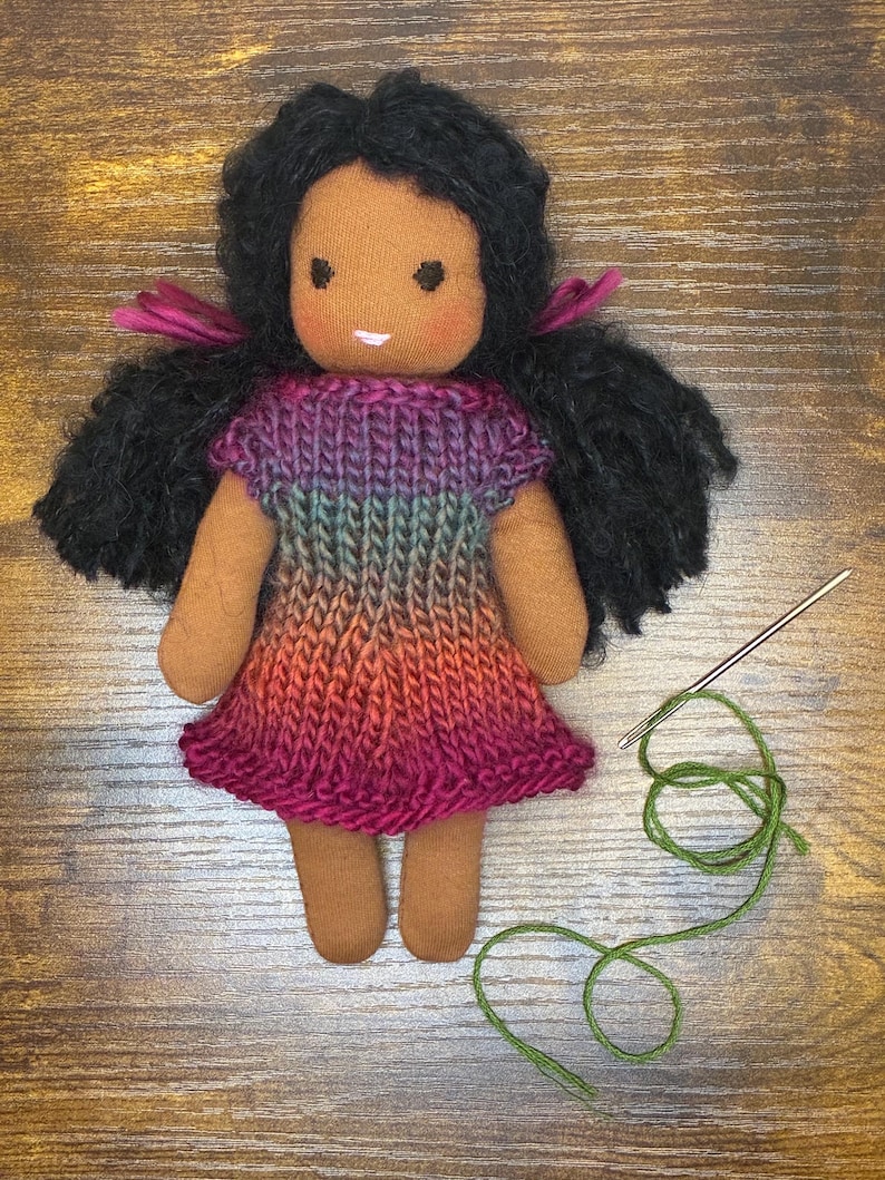Handmade Waldorf Toddler Doll in Knit Dress | 8-inch Organic Cotton & Wool Filling image 1