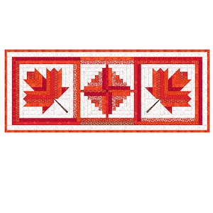 May include: A rectangular quilted table runner featuring three distinct square panels. The outer panels display a red and orange maple leaf design, while the centre panel features a geometric star pattern in shades of red, orange, and white.