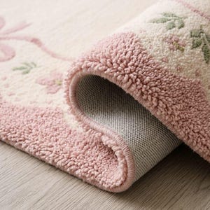 Pink Bow Rug, Coquette Area Rug Scalloped Floral Rug Feminine Nursery Rug Pastel Cottagecore Carpet Princess Bedroom Decor Rug Ribbon Rosett