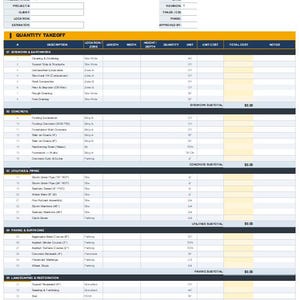 May include: A construction quantity takeoff template document with a dark header labeled BB BUILDER BUNDLES. The form includes sections for project details, site work, concrete, utilities, paving, and landscaping with columns for descriptions and costs.