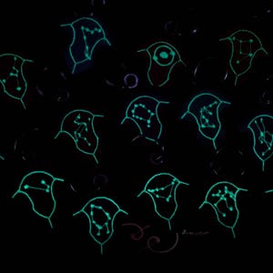 K&ouml;nnte beinhalten: Eine Sammlung von vierzehn einzelnen, glockenf&ouml;rmigen Symbolen, die in einem Raster vor einem schwarzen Hintergrund angeordnet sind. Jedes Symbol zeigt ein einzigartiges, leuchtend hellblaues Sternbildmuster aus Punkten und Linien.