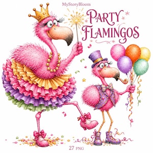 May include: A digital illustration of two pink flamingos titled Party Flamingos. One flamingo wears a gold crown, pearl necklace, and ruffled skirt, holding a sparkler. The other wears a purple top hat, vest, and bowtie, holding colorful balloons.