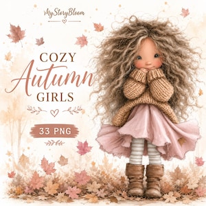 Op de afbeelding: Een digitale illustratie van een pop met volumineus krullend bruin haar, gekleed in een beige gebreide trui, een lichtroze rok, gestreepte legging en bruine laarzen. De tekst luidt MyStoryBloom, COZY Autumn GIRLS en 33 PNG, omringd door herfstbladeren.