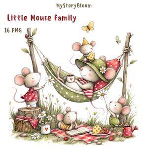 Könnte beinhalten: Eine digitale Illustration mit dem Titel MyStoryBloom Little Mouse Family 16 PNG, die Mäuse in einem Garten zeigt. Eine Maus ruht in einer grünen, gepunkteten Hängematte mit einer Tasse, während andere auf Gras, bei einem Picknickkorb, einer rot karierten Decke und einer Gießkanne stehen.