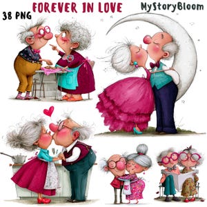 Puede incluir: Un conjunto de ilustraciones digitales titulado FOREVER IN LOVE que incluye 38 archivos PNG de parejas mayores en diversas escenas románticas, como besándose en una luna creciente, cocinando y leyendo, en un estilo de dibujo animado colorido.