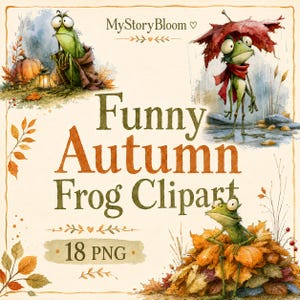 Könnte beinhalten: Eine digitale Sammlung von Aquarellillustrationen mit dem Titel Funny Autumn Frog Clipart mit 18 PNG-Dateien. Die Grafiken zeigen grüne Frösche in verschiedenen herbstlichen Umgebungen, darunter mit einem Kürbis, unter einem Blatt und in Laub.