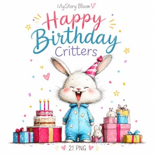 Peut inclure: Une illustration numérique intitulée MyStory Bloom Happy Birthday Critters montrant un lapin blanc souriant en pyjama bleu avec un chapeau de fête rose. Le lapin se tient entre un gâteau d'anniversaire à étages avec trois bougies et des cadeaux.