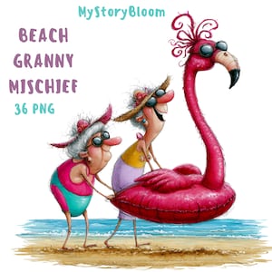 Puede incluir: Una ilustración digital que muestra a dos personajes mayores en traje de baño y gafas de sol cargando un flotador de flamenco rosa en una playa. El texto MyStoryBloom, BEACH GRANNY MISCHIEF y 36 PNG aparece en la esquina superior izquierda.