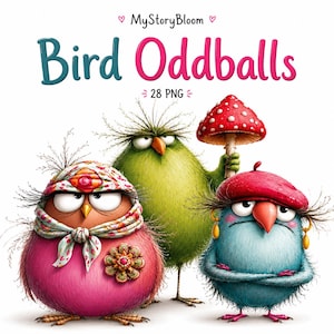 Puede incluir: Ilustración digital de tres pájaros redondos y esponjosos con el texto MyStoryBloom Bird Oddballs 28 PNG. El pájaro de la izquierda es rosa con un pañuelo floral, el del centro es verde sosteniendo un hongo rojo y el de la derecha es azul con una boina roja.
