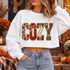 Cozy Fall PNG, Faux Embroidery T-Shirt Design, Patchwork Letters Sweatshirt Sublimation