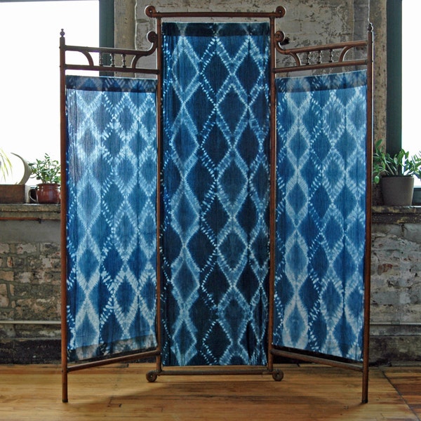 Vintage Victorian Oak Room Divider Privacy Screen with Hand-dyed Indigo Shibori Panels Tri Fold Dressing Screen