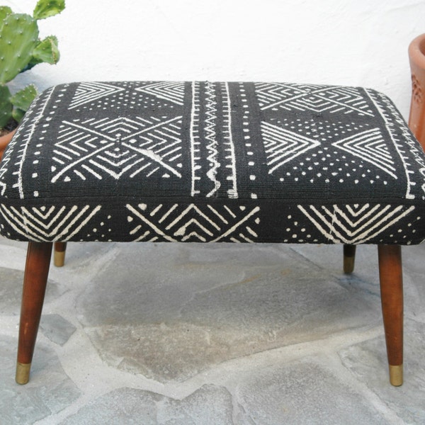 Mid Century Footstool with Black & White African Mudcloth Fabric Bambara Bogolanfini Mud cloth MCM Foot Stool Ottoman Upcycled Bench