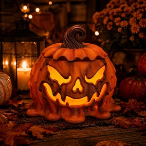 May include: A carved orange pumpkin lantern with a melting wax effect and a dark brown stem. The jack-o'-lantern features a jagged, glowing face with triangular eyes and a wide, toothy grin, illuminated from within by a warm, golden light.