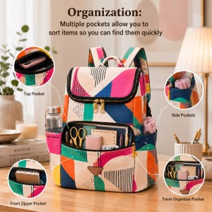 May include: A backpack featuring a colourful geometric pattern in pink, orange, blue, and black. It includes a top zipper pocket, side pockets, and a front organiser pocket containing scissors, a notebook, and pens. Text reads: Organization: Multiple pockets allow you to sort items so you can find them quickly.