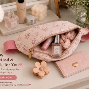 Patrón de costura en PDF para riñonera floral, bolso de cintura rosa con correa ajustable.