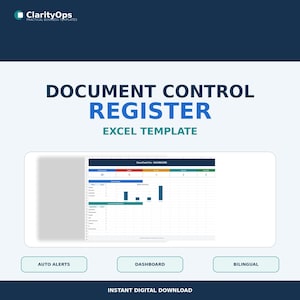 Puede incluir: Una plantilla de Excel para registro de control de documentos de ClarityOps. El gráfico muestra un panel con resumen de estado, gráficos de barras y tablas de datos. El texto incluye: DOCUMENT CONTROL REGISTER, EXCEL TEMPLATE, AUTO ALERTS, DASHBOARD, BILINGUAL.