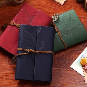 Vintage Leaf Embossed PU Leather Loose-leaf Notebook Retro A6 Kraft Paper Travel Journal With Strap And Metal Pendant