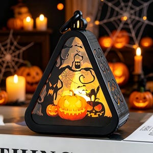 Lanterna LED triangular de Halloween com tema de abóbora, morcego e aranha, pequena luminária de vela suspensa com efeito de sombra, decoração assustadora em bandeja de vários níveis.