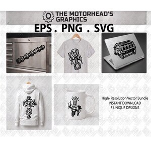 以下が含まれることがあります： THE MOTORHEAD'S GRAPHICSというタイトルのデジタルベクターバンドル。カムシャフト、工具を持ったコネクティングロッドの漫画、エンジンブロック、パーカーにプリントされたクランクシャフト、マグカップにプリントされたスパークプラグという5つの白黒デザインが含まれています。
