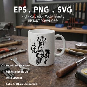 May include: A white ceramic mug featuring a black graphic illustration of a cartoon spark plug with a face, holding a tool. The mug is surrounded by various metal workshop tools on a wooden surface. Text includes EPS, PNG, SVG, and High-Resolution Vector Bundle.