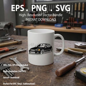 May include: A white ceramic mug featuring a black and white line art illustration of a hatchback car on the front. The car graphic shows detailed wheels, headlights, and body lines. The mug has a standard handle and a smooth, cylindrical shape.