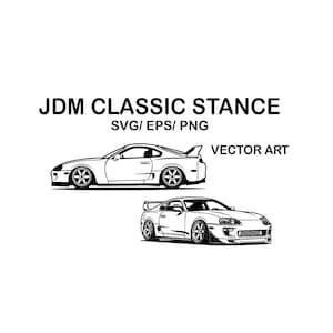 May include: Black and white vector art illustration of a sports car shown from the side and front three-quarter view. The text JDM CLASSIC STANCE SVG/ EPS/ PNG VECTOR ART is displayed in black capital letters above the car graphics.