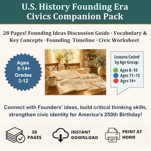 May include: U.S. History Founding Era Civics Companion Pack with 28 pages including a discussion guide, vocabulary, key concepts, timeline, and worksheets. Features age-coded lessons for ages 8-14+ and grades 3-12. Includes instant download and print at home.