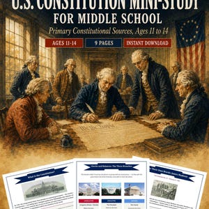 Może przedstawiać: Studium Konstytucji USA dla uczniów szkół średnich w wieku od 11 do 14 lat. Okładka zawiera ilustrację postaci historycznych piszących dokument, a poniżej trzy przykładowe strony z tekstem, diagramami i zdjęciami budynków rządowych.