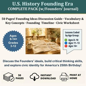 May include: A U.S. History Founding Era educational pack featuring a 50-page discussion guide, vocabulary, timeline, and civic worksheets. Includes a Founders' Journal, age-coded lessons for years 4-13, and printable materials for home use.