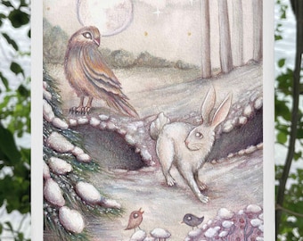 Whimsical Hand-Painted Winter Art Print, Rabbit and Bird Painting, Nursery Wonderland Decor
