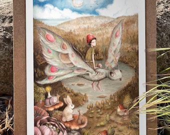 Hand-Painted Luna Moth Art Print, Whimsical Folk Character, Woodland Animals, Fairytale Nursery Decor