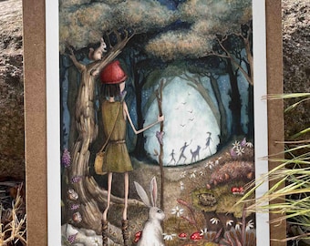 Hand-Painted Enchanted Forest Scene with Magical Character and Woodland Animals, Unique Wall Art