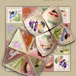 May include: A Woodland Fortune Teller digital download featuring a paper fortune teller and a flat sheet with illustrations of mushrooms, foxes, birds, bees, hedgehogs, and rabbits in soft pastel colors. The text reads Woodland Fortune Teller.