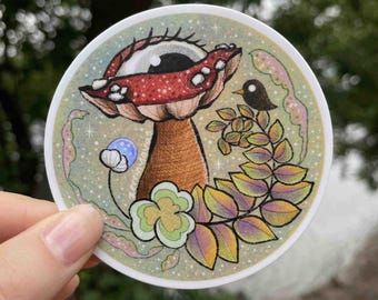 Bird And Mushroom Woodland Sticker, Hand-Drawn Circle Cut Matte Vinyl Sticker, Whimsical Nature Gift