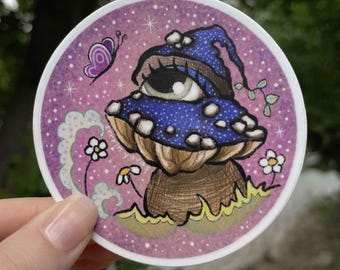 Woodland Butterfly Mushroom Sticker, Hand-Drawn Circle Cut Matte Vinyl Decal, Waterproof Cottagecore Nature Gift