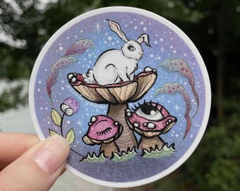 Woodland Rabbit Mushroom Sticker, Hand-Drawn Circle Cut Matte Vinyl Decal, Waterproof Cottagecore Gift