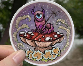 Woodland Caterpillar Mushroom Sticker, Hand-Drawn Circle Cut Matte Vinyl Decal, Forest Cottagecore Gift