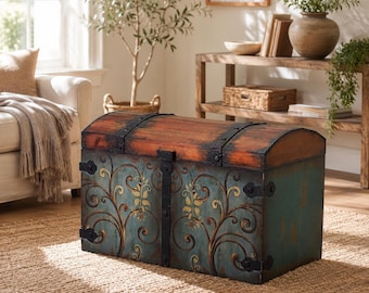 Vintage Wooden Storage Trunk, Large Lockable Chest with Floral Design