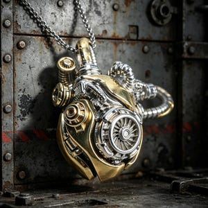 Puede incluir: Un colgante de corazón mecánico en una cadena de plata, hecho de metal pulido en tonos oro y plata. El diseño presenta engranajes intrincados, ventilaciones circulares y tubos flexibles, creando una estructura compleja y superpuesta.