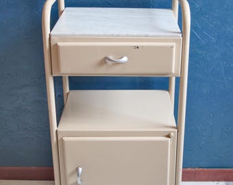 Vintage Metal Nightstand, Italian Hospital Bedside Cabinet with Marble Top, 1940s 1950s