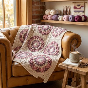 May include: A handmade crochet blanket featuring a repeating pattern of circular floral motifs in shades of cream, dusty rose, and deep plum. The blanket is draped over a tan leather armchair, showcasing intricate stitching and textured yarn details.