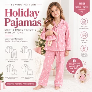 May include: A sewing pattern for holiday pajamas featuring a pink shirt and pants set with a white Christmas tree and snowflake print. The pattern includes options for long or short sleeves, pants or shorts, and a matching doll outfit.