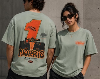 Norris F1 Garment Dyed Tee · Lando 1 World Champion Vintage Racing T-Shirt · McLaren Formula One Woman's shirt · Back Print Man's shirt