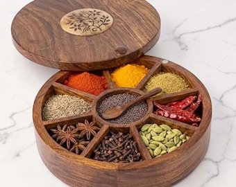Wooden Masala Box, Floral Spice Box Organizer, Masala Dabba, Kitchen Storage Container, Gift for Mom, Christmas Gift
