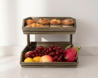 Cesta de madera de 2 niveles para frutas, organizador rústico de cocina estilo granja, almacenamiento de pan y verduras, cesta para encimera.
